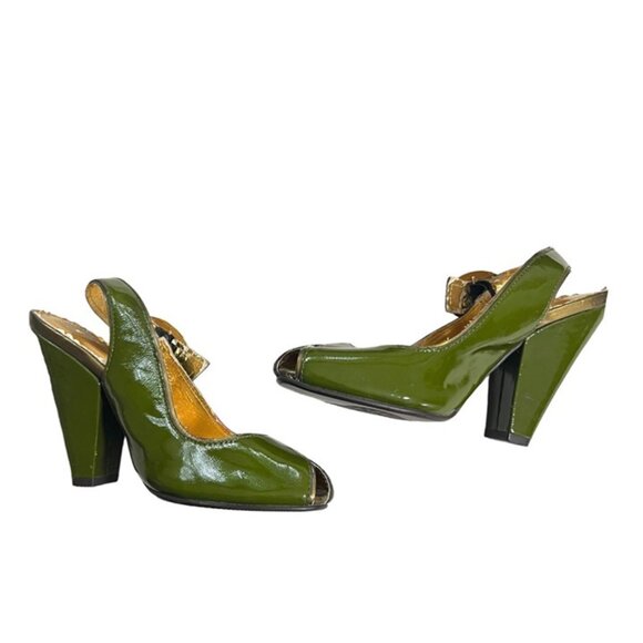 Naughty Monkey heels Women's 6.5 green patent leather peep toe slingback block h - Picture 6 of 12